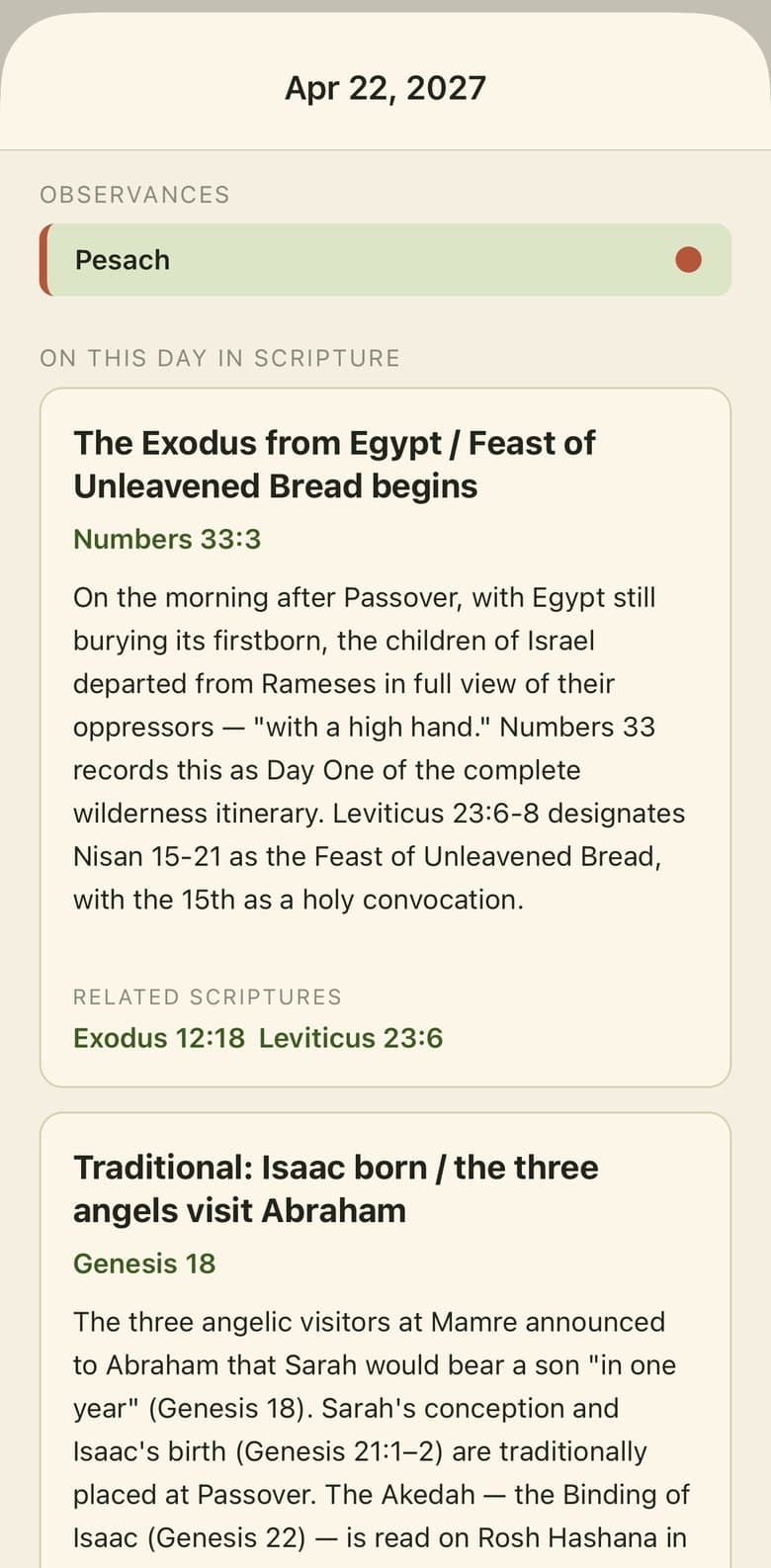 Issachar's Calendar showing Pesach and the scripture for that day