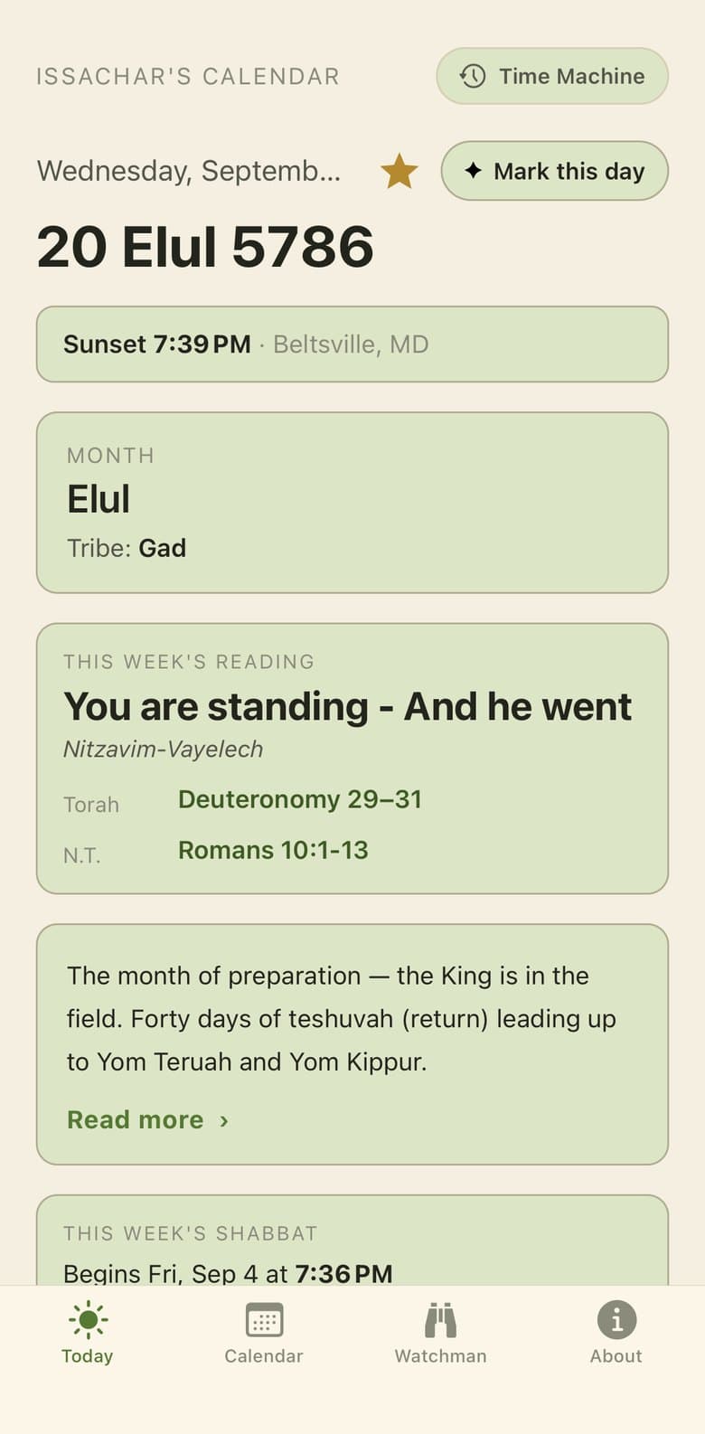 Issachar's Calendar Today screen: 20 Elul 5786, sunset time, month, tribe, and the week's reading