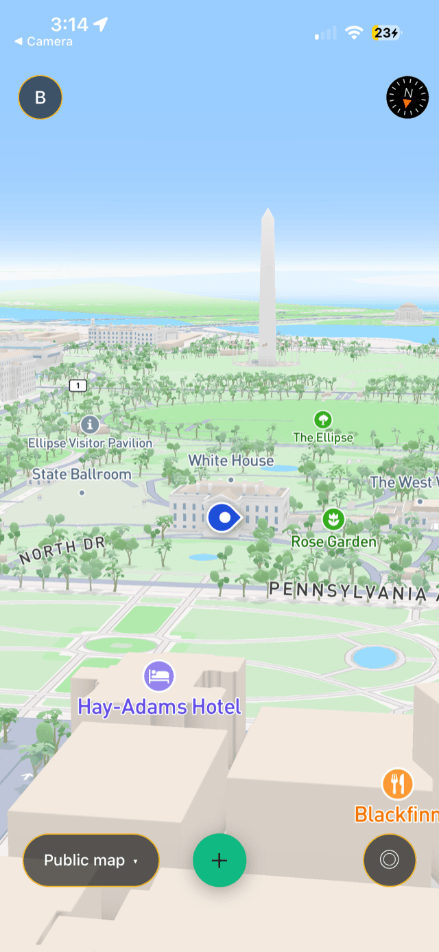 PrayerPin app showing a 3D map of Washington DC with a prayer pin placed